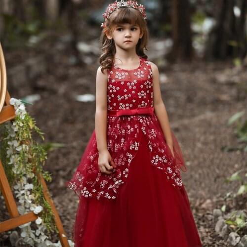 2021 New Long Round Neck Childrens Wedding Dress Flower Girls Sleeveless Evening Dress 10-Year-old Girls Birthday Party Wear