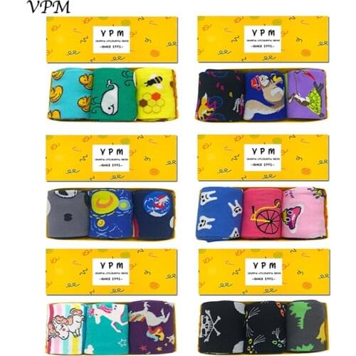 VPM Gift Box Cotton Stockings Harajuku Cute Art Paint Oil Unicorn Dino Cat Bee Skull Knee High Women Long Warm Winter Girl Sox