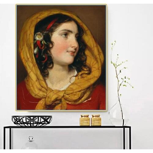 Citon Canvas Art Oil Painting Friedrich von Amerling《Portrait of a girl with a yellow headscarf》Artwork Picture Home Decoration