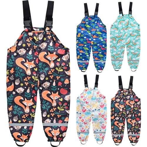 2021 Cartoon Rain Overall Kids Boy Waterproof Baby Girls Jumpsuits Outdoor Sport Children Sling Rain Pants Toddler Bib Trousers