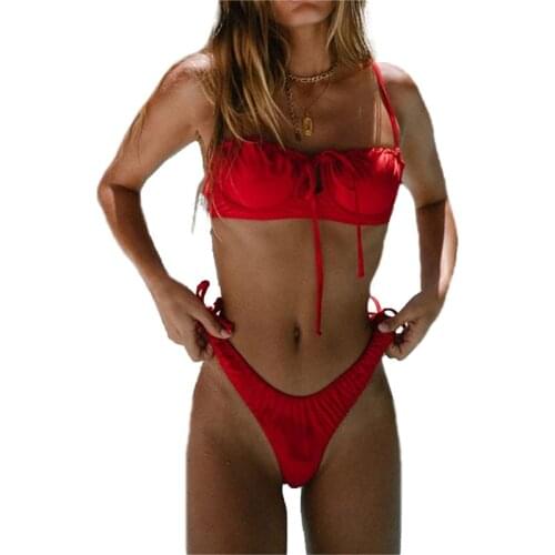 Meihuida 2021 New Women Split Swimsuit Set Solid Color/Leopard Print Push-up Padded Bikini + Lace Up Panties for Summer Bikinis