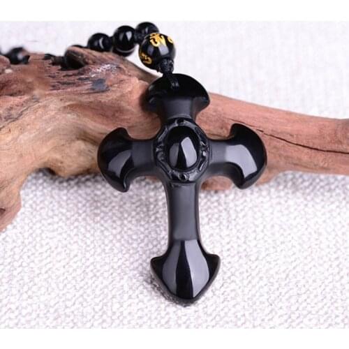 New popular natural Obsidian pendant necklace fashion boutique jewelry Christian frosted cross men and womens money to ward off