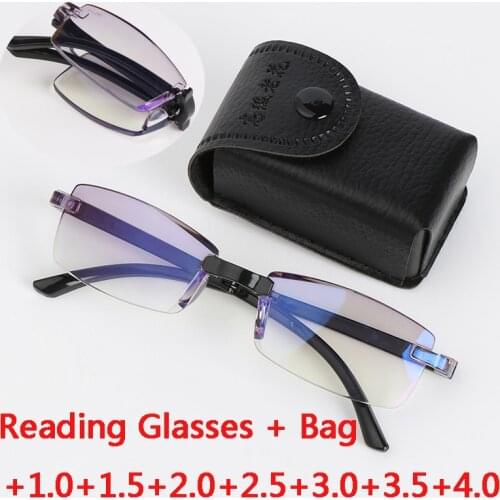 2020 New Frameless Diamond Trimming Reading Glasses Anti-Blue Light Blue Film Glasses One Men Folding Reading Glasses With Case