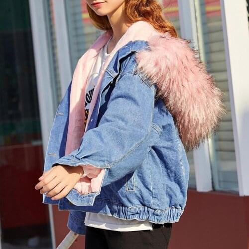 Plus Velvet Fleece Big Flaux Fur Collar Denim Coat Thick Warm Cotton Outwear Plush Pocket Winter Hoodied Short Jean Jacket