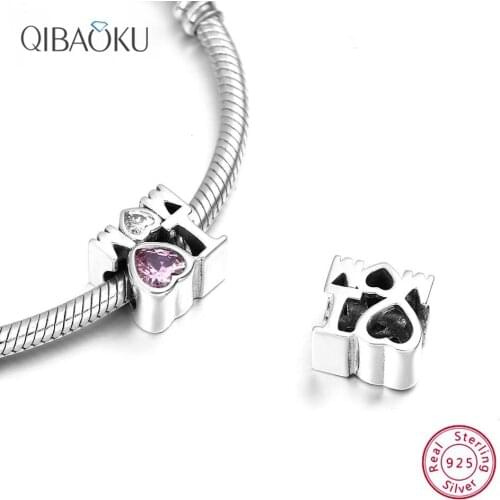 925 Sterling Silver Beads i Love Mom Letter Pendant Charms Pink Zircon fit Bracelets Fashion Jewelry Mother Gift