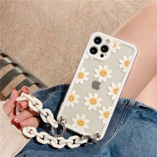 Korea Daisy Flower Bracelet Transparent Phone Case For iphone 12 11 Pro XS Max X XR 7 8 Plus SE 2020 Mini Chain Soft Cover Shell