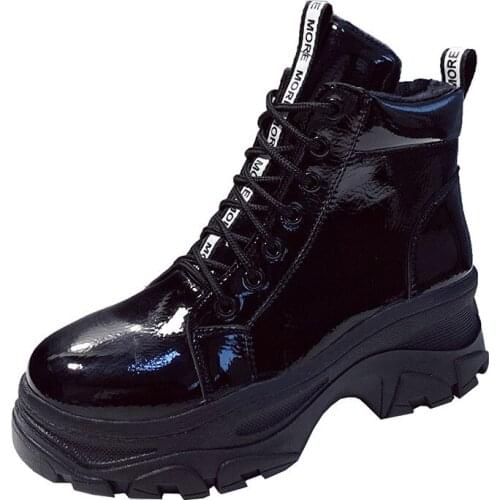 Women Snow Boots Platform Shoes Woman Patent Leather Winter Boots Fur Woman Black/White Boots Waterproof Botas Cowboy Mujer