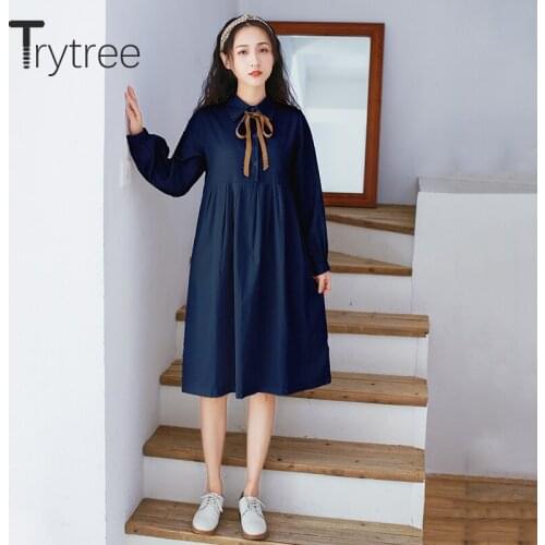 Trytree 2020 Spring Autumn Casual Womens Dress Cotton Blend Solid Turn-down Collar Bow Tie A-line Hem Sweet Buttons Shirt Dress