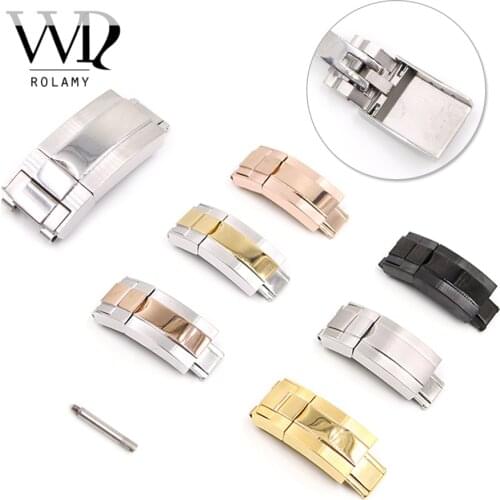 Rolamy 16mm x 9mm Brush Polish Stainless Steel Watch Band Deployment Clasp For Rolex Bracelet Rubber Leather Oyster Submariner