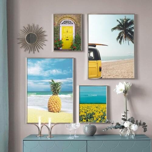 Yellow Door Sunflower Car Pineapple Beach Canvas Painting Nordic Posters and Prints Wall Art Pictures for Living Room Decor