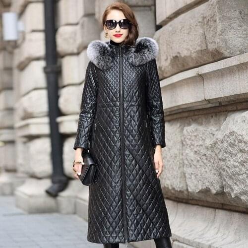 Straight Long Real Leather Coat Female Genuine Leather Winter Fox Fur Hooded Black Sheepskin Jacket High Quality Formal Outwear