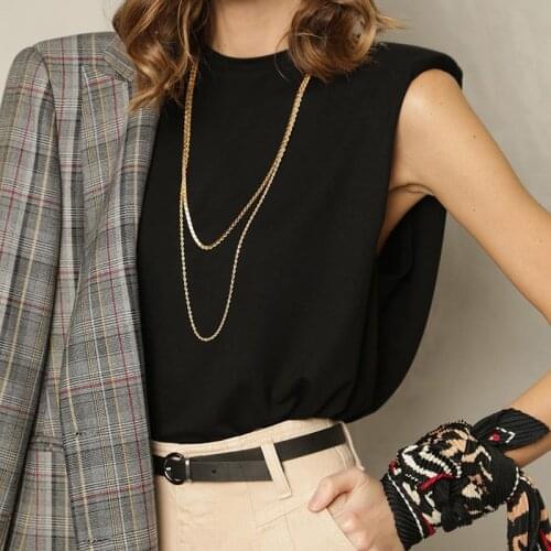 2021 New Women Padded Shoulder T-shirts Sleeveless Solid Color Round Neck Top Office Lady Pullover Fashion Women Elegant Clothes