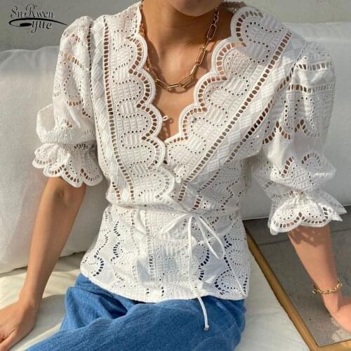 Fashion V-neck Short Sleeve Slim Lace Shirt Women Blouses Korean Chic Crochet Hollow Ladies Blouse New Lace-up Women Tops 15352