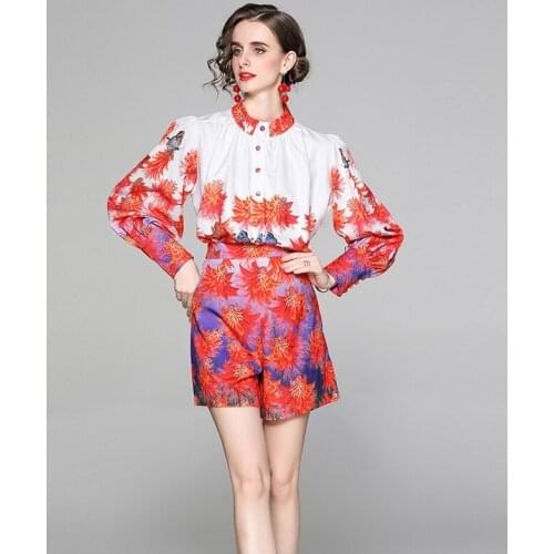 2021 Women Vintage Floral Print Casual Contrast Color Shirt Blouses And Hight Waist Short Pants 2 Pcs Sets Summer Street Clothe