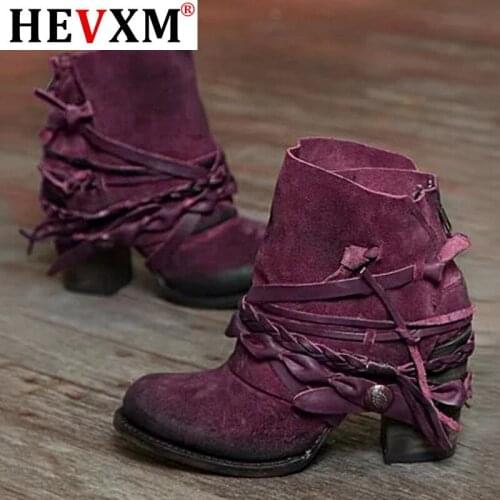 Womens Boots Thick Heel Round Toe Shoes Breathable Solid Color Retro Buckles Shoes Autumn And Winter Bandage Women Western Boot