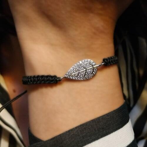 Leaf Macrame Hand Knit Rope Woman Bracelet Zircon Crystal in Different Colors (Black, Grey and more) And Adjustable Size