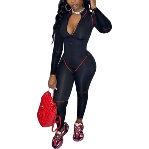 Women Sports One Piece Jumpsuits Yoga Running Set Zipper V-Neck Long Sleeve Skinny Long Romper Red Stripe Decor Black Jumpsuit