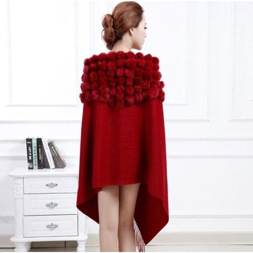 Cape Muffler winter 100% Wool scarf women real fur shawls Black New Cashmere Pashmina Rabbit Fur Pompom Shawl Scarf Autumn Warm