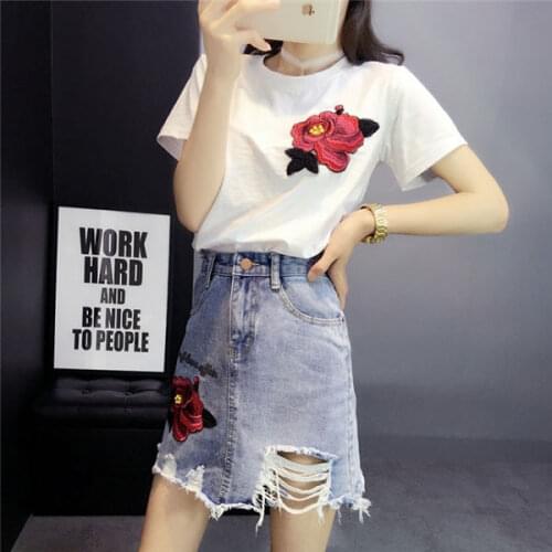2021 Summer New Fashion Embroidery O-neck T-shirt and Denim Skirt Set Women Loose White Tee Short Jeans Skirt 2 Piece Suit Q35