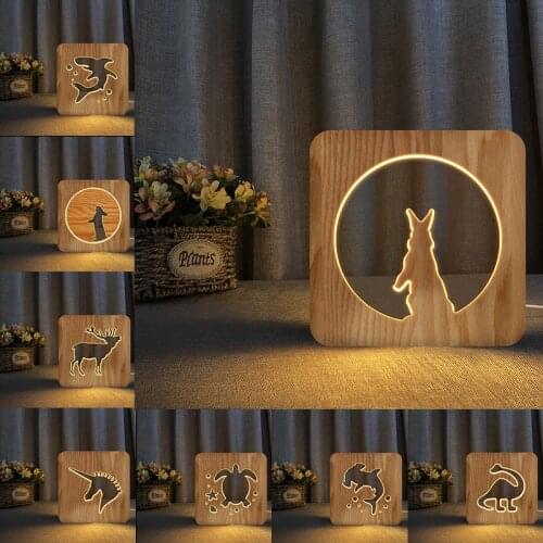 Acecorner LED USB Night Light Wooden Rabbit Shark Unicorn Animal Lamp Novelty Kid Bedroom 3D Decoration Table Lights Child Gift