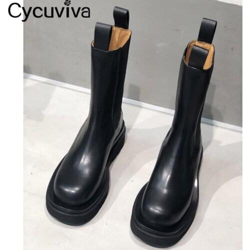 Mid-calf Chelsea Boots Women Shoes Slip On Genuine Leather Platform Shoes Female Bottnes Casual Round Toe Motorcycle Boots Women