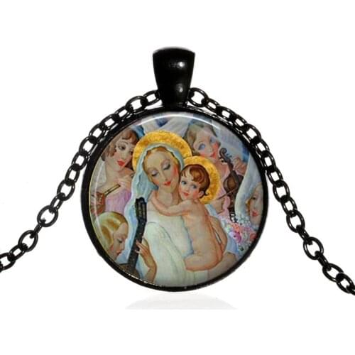 Virgin Mary with Child Pendant Necklace Glass Print Jewelry Mother of Baby Jesus Christ Christian Catholic Religious Madonna