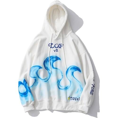 Men Winter Fleece Hooded Pullover 2020 Blue Fire Flame Print Hip Hop Streetwear Hoodie Mens Cotton Harajuku Hoodie Swatshirt Men