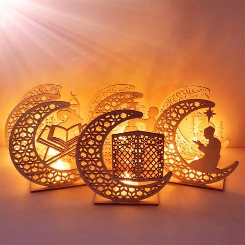 Eid Mubarak Moon Wooden Craft Pendant With Led Candles Light Ramadan Decorations For Home Islamic Muslim Party Eid Decor Kareem