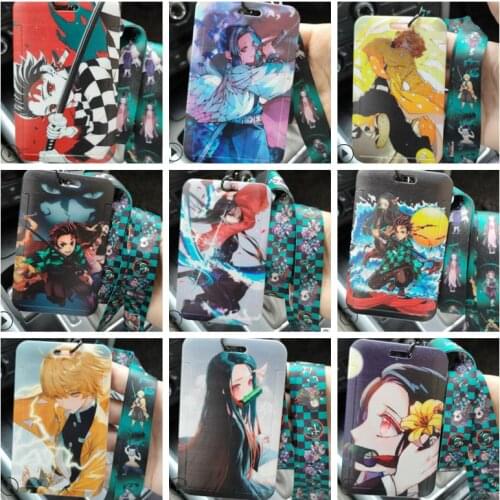 Hot Sale! 10 sets anime Kimetsu no Yaiba Lanyard Neck Strap Card Bus ID Holders With Key Chain