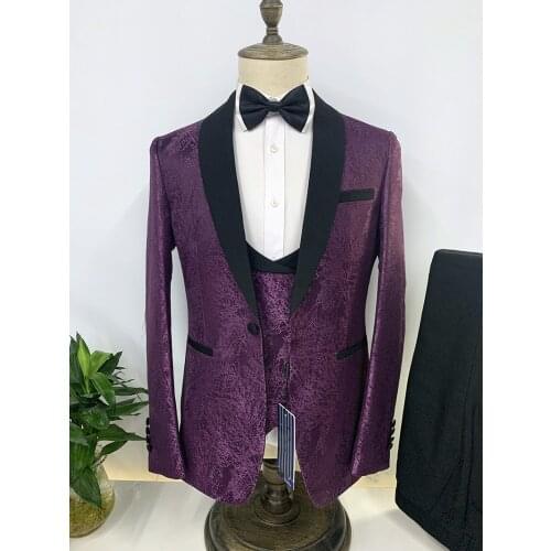 New dark jacquard purple wedding suits men 3 piece Slim Fit Black Satin Lapel red white yellow Ivory blue multicolor available
