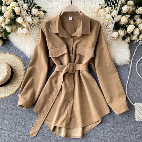 Women 2020 New Autumn Winter Shirts Retro Cargo Style Pockets Long-Sleeved Shirt Puff Sleeve Bandage Nipped Waist Tops Female