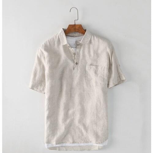 C028 New Summer Mans Linen Short-Sleeved Shirt High Quality Solid Color Simple Lapel Pocket Casual Male Breathable Pullovers