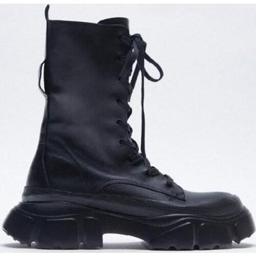 2021 autumn Winter Boots Women Thick Soled Flat Platform Short Boot Middle Tube Motorcycle Martin Boots Lace-up Cool Shoes Woman