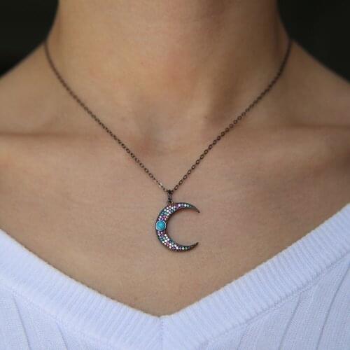 Moon pendant necklace 2021 fashion design black gold color CZ Turquoises stone rainbow mix color Moon charm jewelry