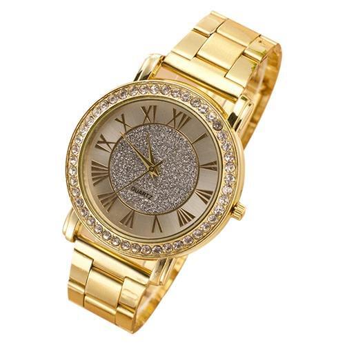 Luxury Business Mens Quartz Watch Retro Golden Color Shiny Rhinestone Alloy Band Analog Quartz Wrist Watch Clock Feminino