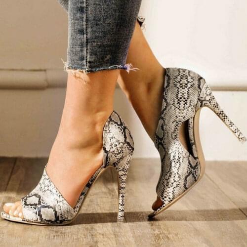High-heeled fish mouth sandals bag with snake print large size ladies sandals 2021 summer new stitch heel temperament sandals