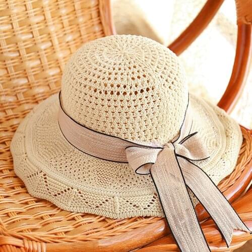 Summer Female Sun Hats Big Brim Classic Bowknot Foldable Fashion Straw Hat Casual Outdoor Beach Cap For Women UV Protected Hat