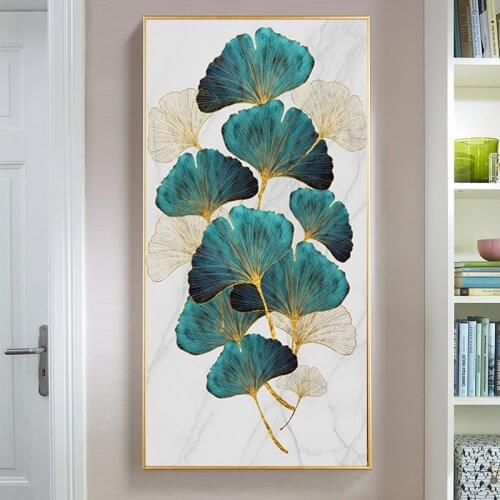 Modern Abstract Nordic Green Golden Plant Leaf Canvas Painting Poster and Print Wall Art Picture Living Room Entrance Decor