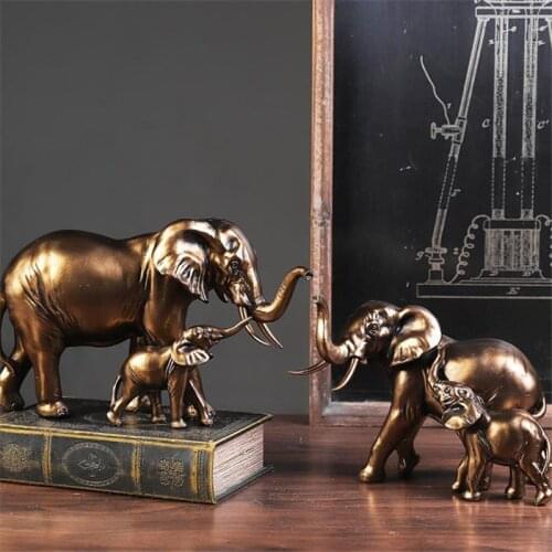 Resin Gold Elephants Mother Son Sculpture Fengshui Figurines Mascot Statue Craft Desktop Decor Ornaments Home Decoration Gift
