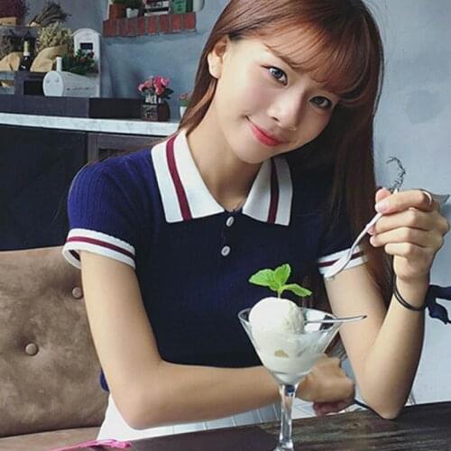 Knitted Womens Lapel Short Sleeve Pullover T-shirt Dance Business Attire