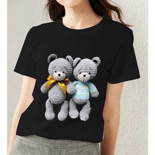 Women Tshirts Black All-match Kawaii Cartoon Teddy Bear Pattern Short Sleeve Tops Street Fashion Print Ladies Tees Women Clothes