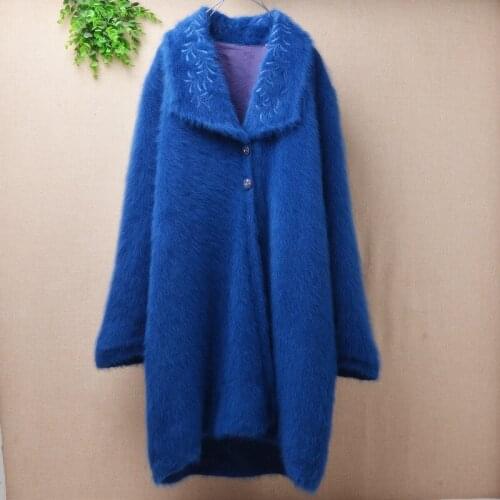 Elegant vintage top mujer female fuzzy angora rabbit fur knit cardigans long turn-down collar mink cashmere sweater female coat