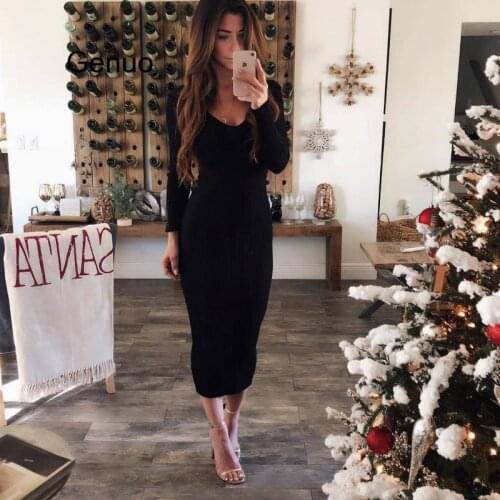Sexy Low Chest Deep V Neck Sweater Maxi Dress Winter Female Casual Slim Wrap Bodycon Dress Autumn Pencil Vestido White Black Red