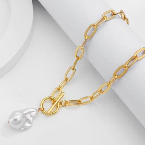 Lifefontier Minimalist Big Baroque Pearl Pendant Necklace for Women Gold Silver Color Metal Link Chain Necklaces Choker Jewelry