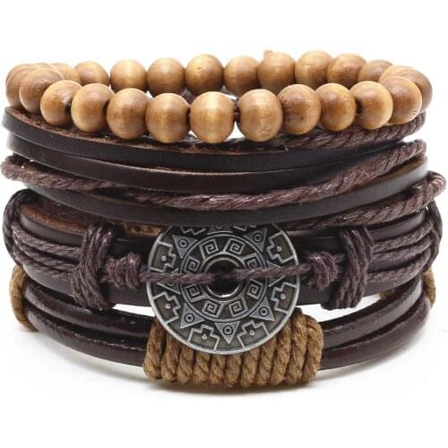 Wooden Handmade Punk Black Bead Women Round Charm Weave Wrap Chain Leather Love Men Bracelets Homme Female Jewelry 4 Pcs/set