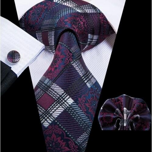 Hi-Tie Burgundy Purple Plaid Silk Wedding Tie For Men Hanky Cufflink Gift Men Tie Gravata Fashion Design Business Dropshipping