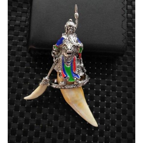 Exquisite Pure Brass Tibetan silver Guan Gong long Tiger tooth pendant Statue