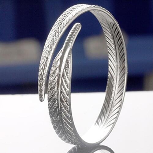 HOT SALES New Arrival Women Vintage Silver Plated Feather Cuff Bracelet Adjustable Opening Bangle Jewelry Wholesale Dropshipping