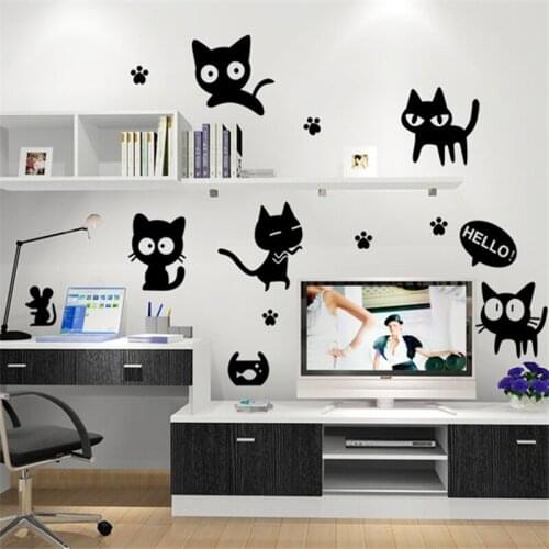 Creative Cartoon Cute Lovely Black Cat HELLO Wall Sticker Vinyl Decal Home Decor Mural Decal Kids Bedroom Parlor Decoration