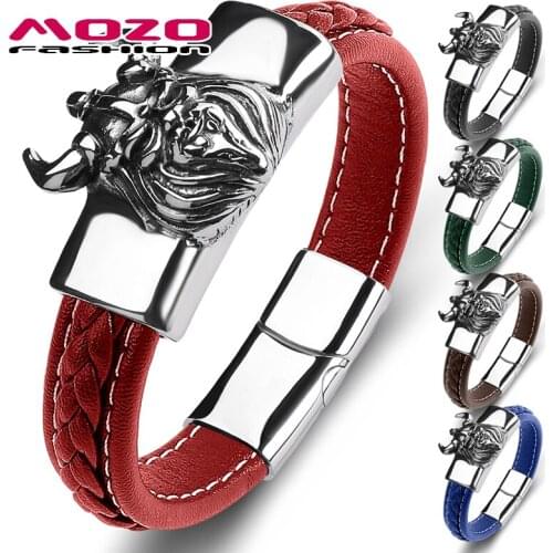 MOZO FASHION 2021 New Trendy Men Bracelet Genuine Leather Punk Stainless Steel Collocation Cuff Jewelry Gifts Wholesale 137